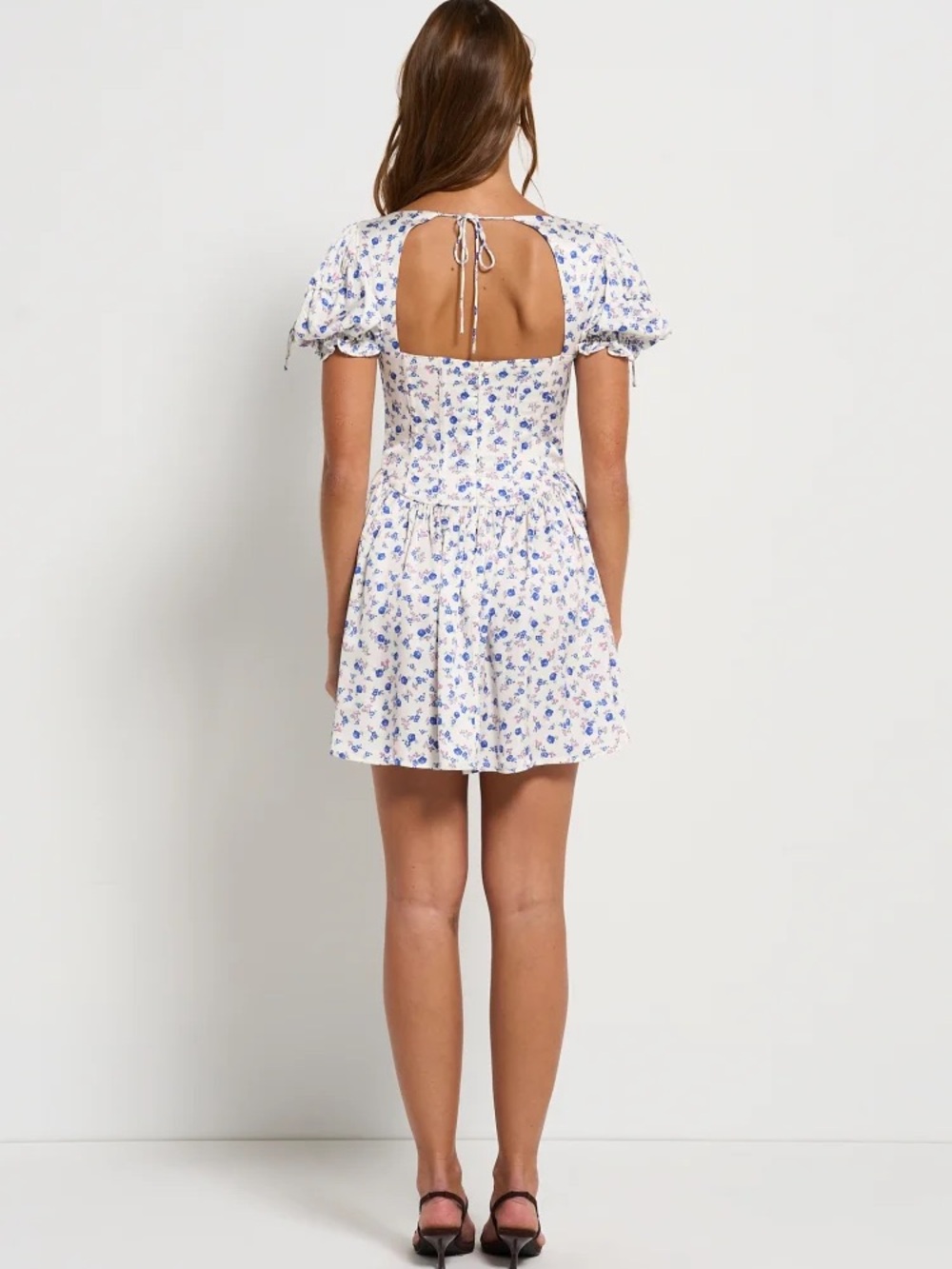 For Love & Lemons Paulina Corset White Mini Dress with Blue Floral Print - M - Picture 6 of 13